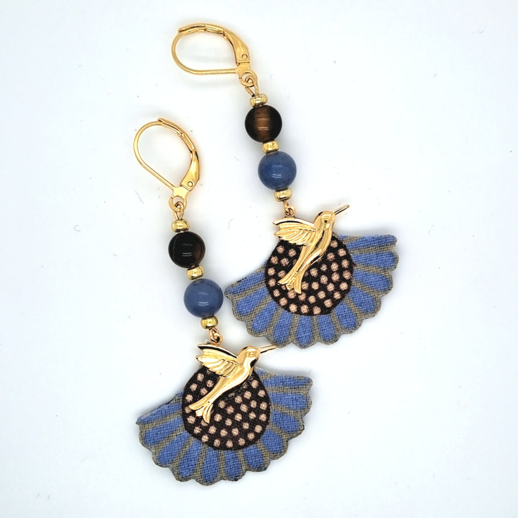 Colibris - Boucles d'oreilles pendantes oeil de tigre aventurine colibri