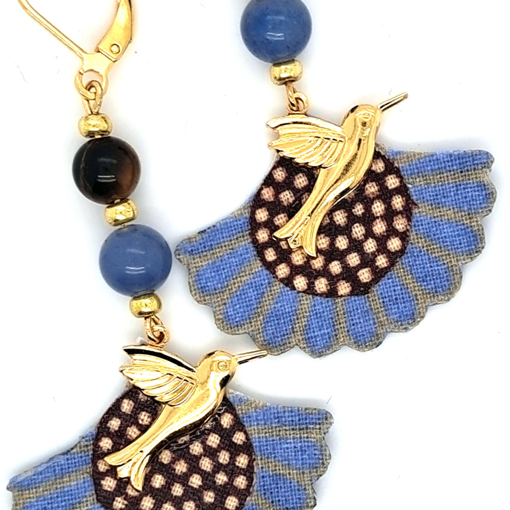 Colibris - Boucles d'oreilles pendantes oeil de tigre aventurine colibri
