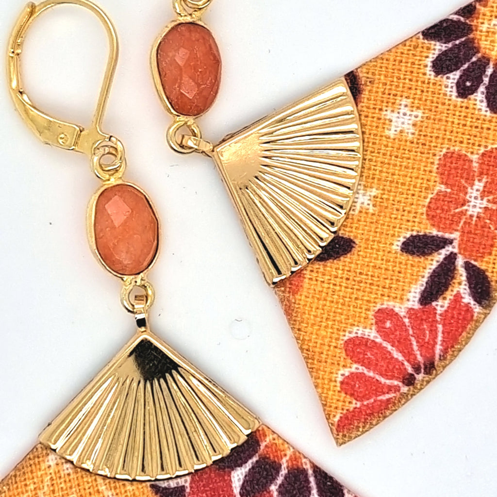 Orange cornaline Geisha - Boucles d'oreilles éventails et cor