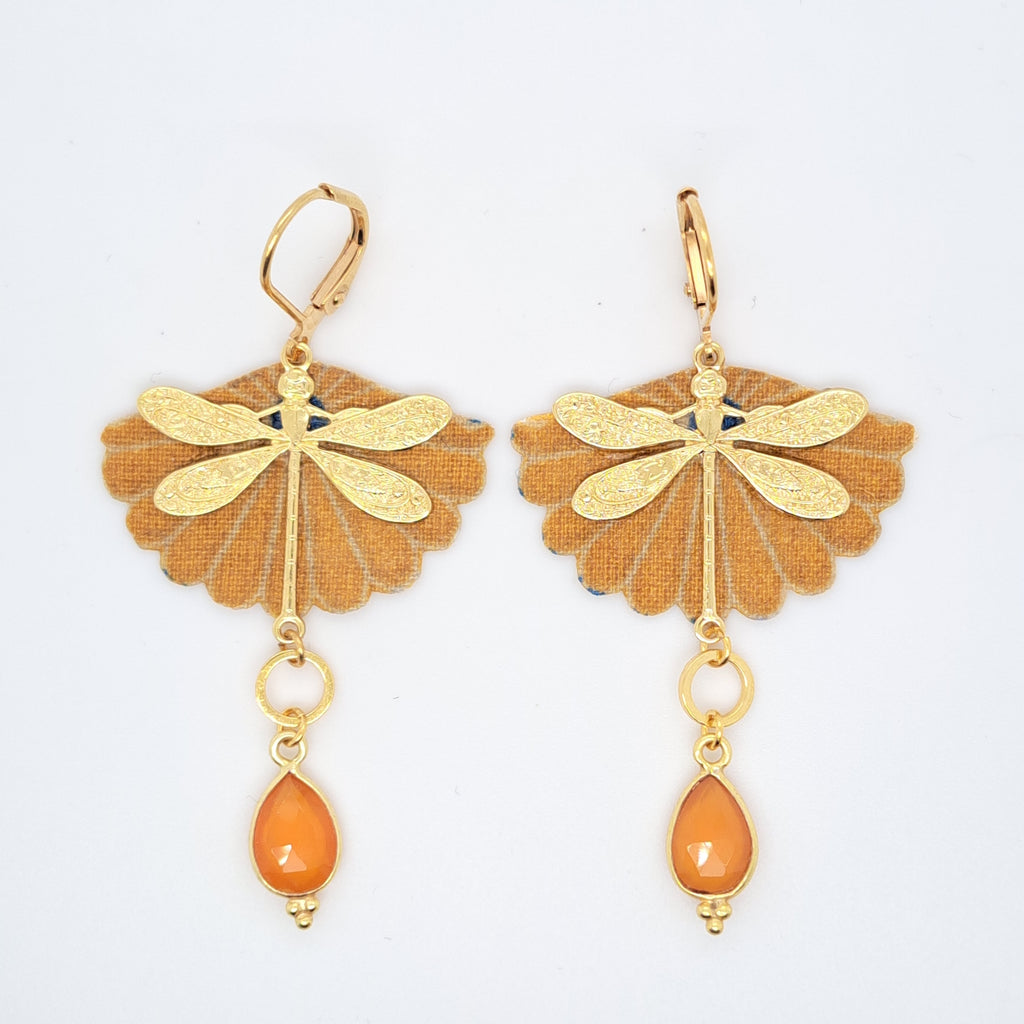 Orange Libre en libellule - Boucles d'oreilles en tissu cornaline
