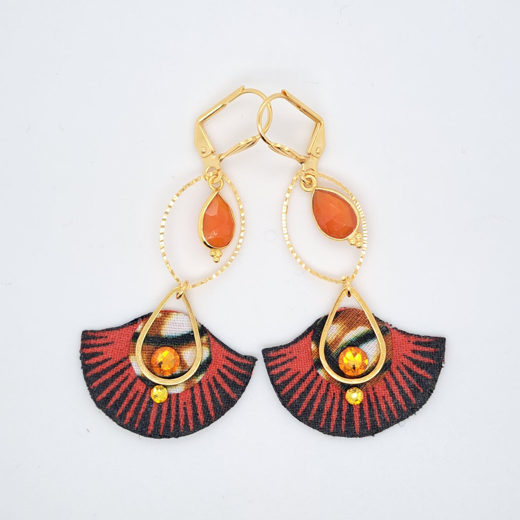 Rouge Vibrant Gingko - Boucles d'oreilles pendantes cornaline