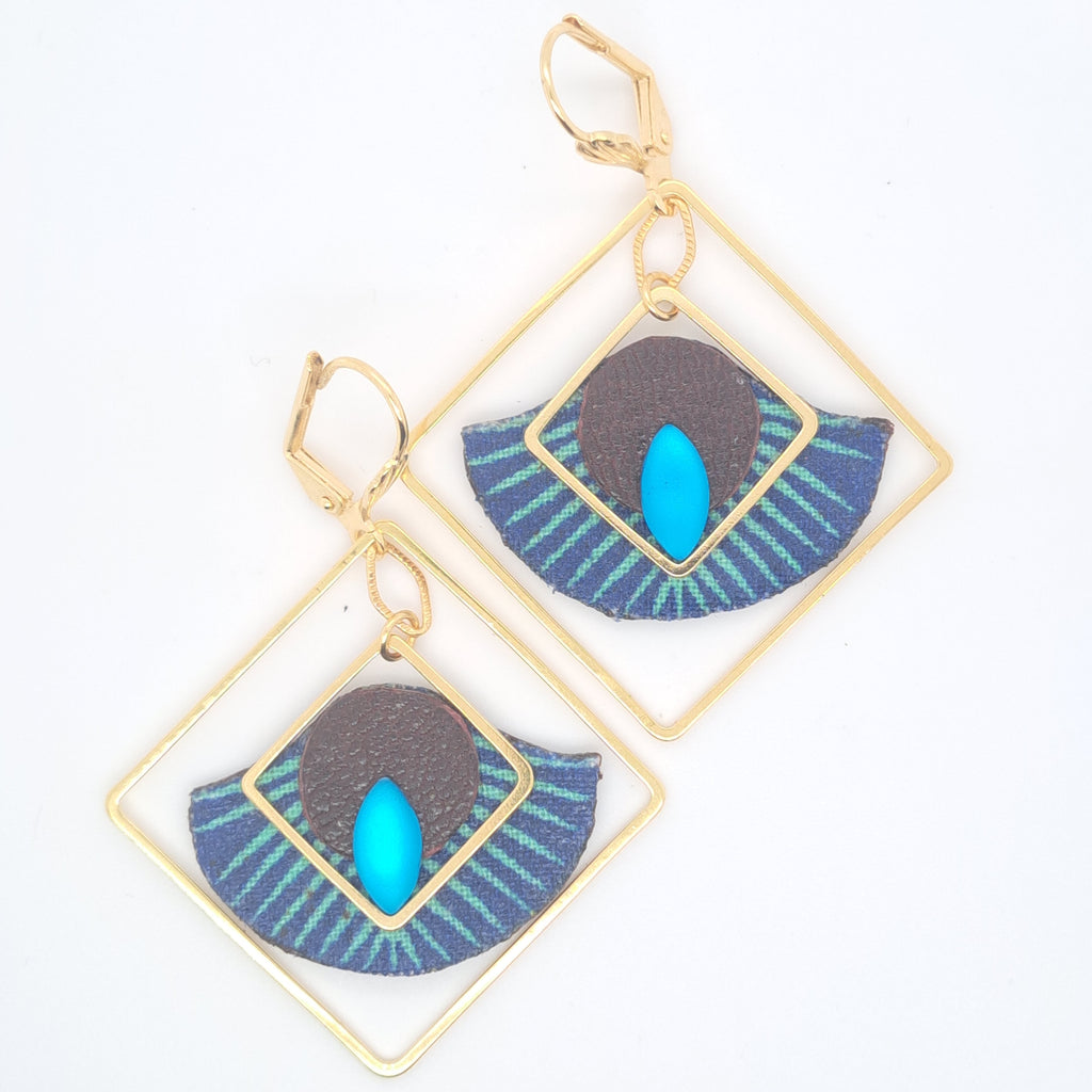 Art déco bleu  - Boucles d'oreilles carré cuir