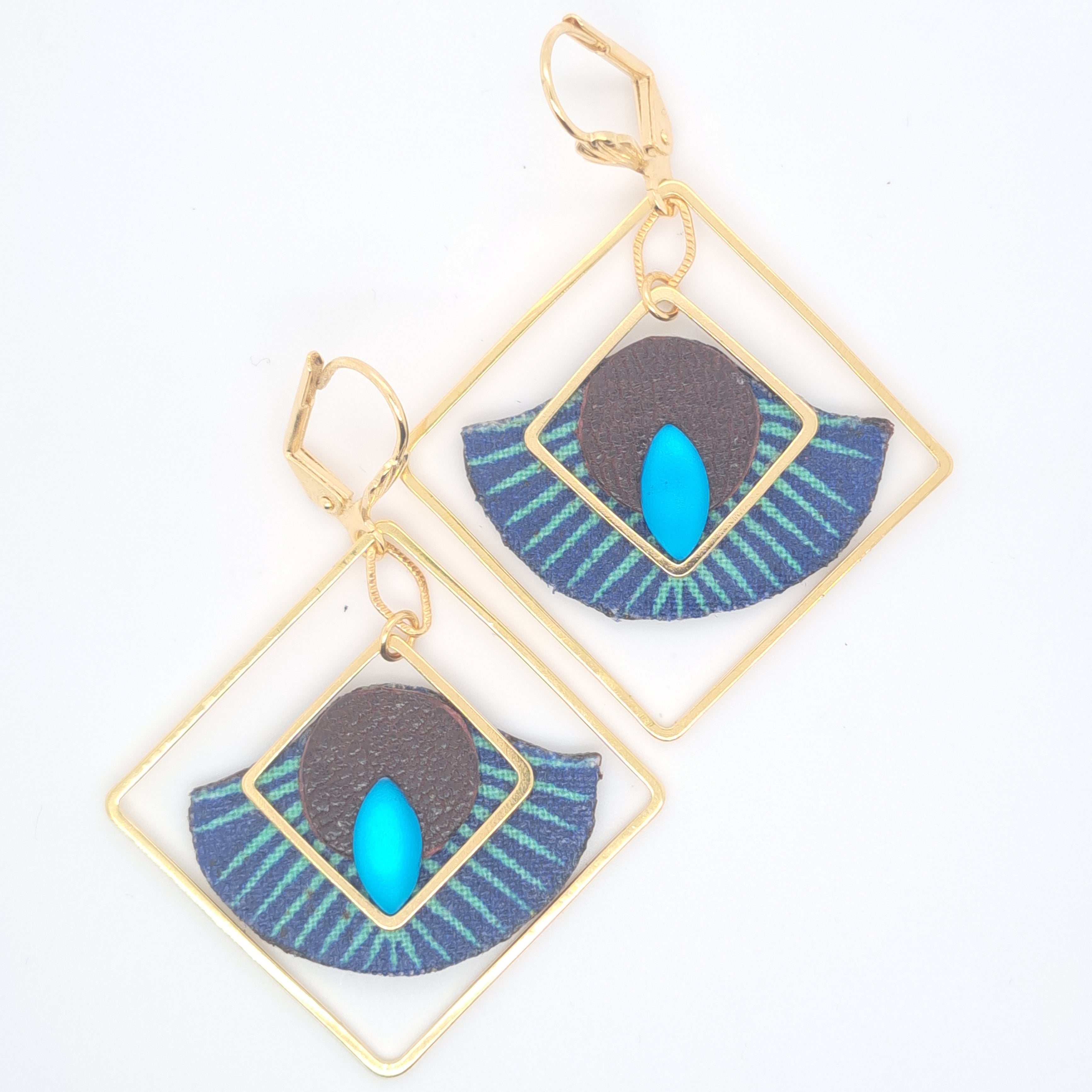 Art déco bleu  - Boucles d'oreilles carré cuir