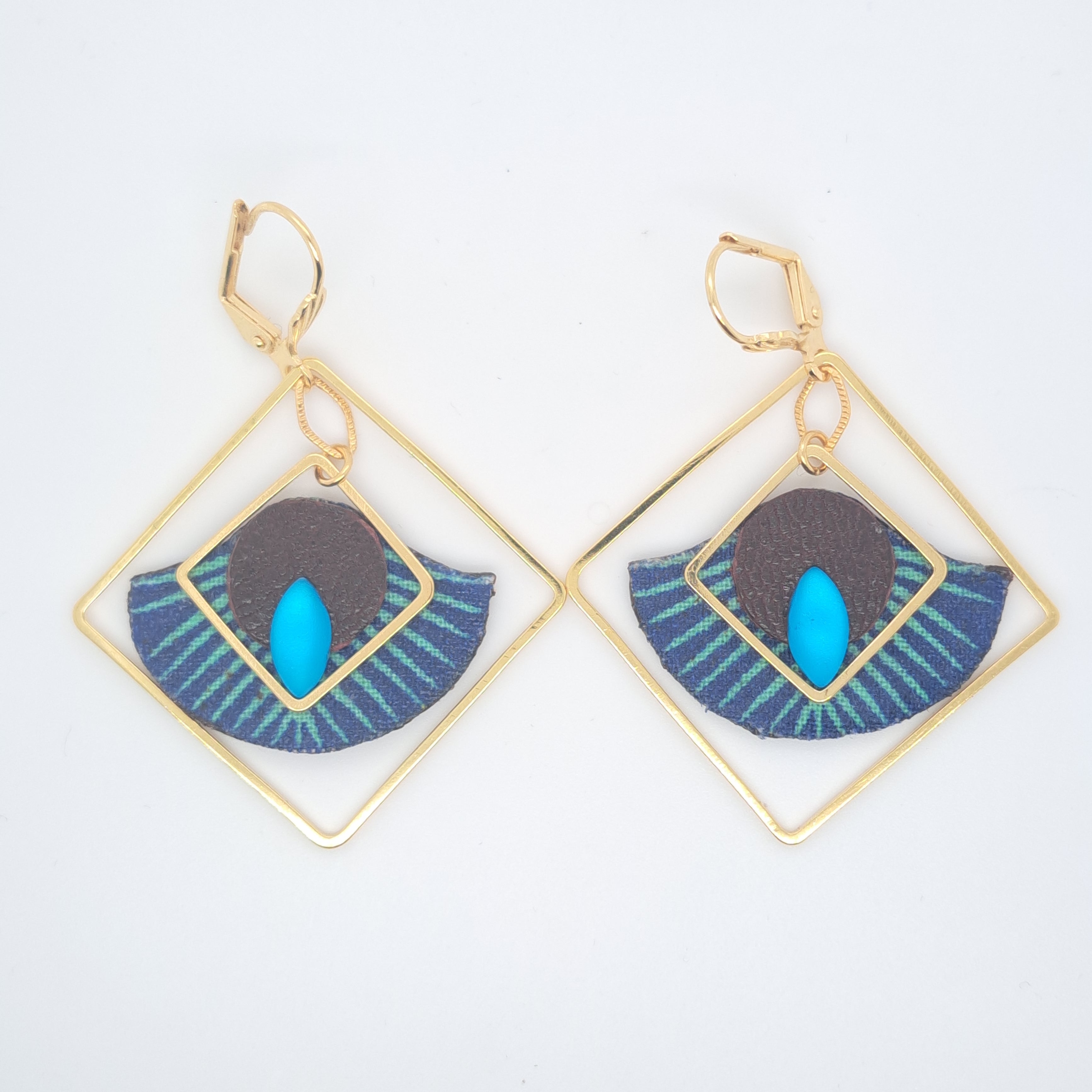 Art déco bleu  - Boucles d'oreilles carré cuir